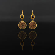 Red Garnet and bronze coin set with 21 karat gold jewelry design front view | ZAMAN HANDMADE JEWELRY