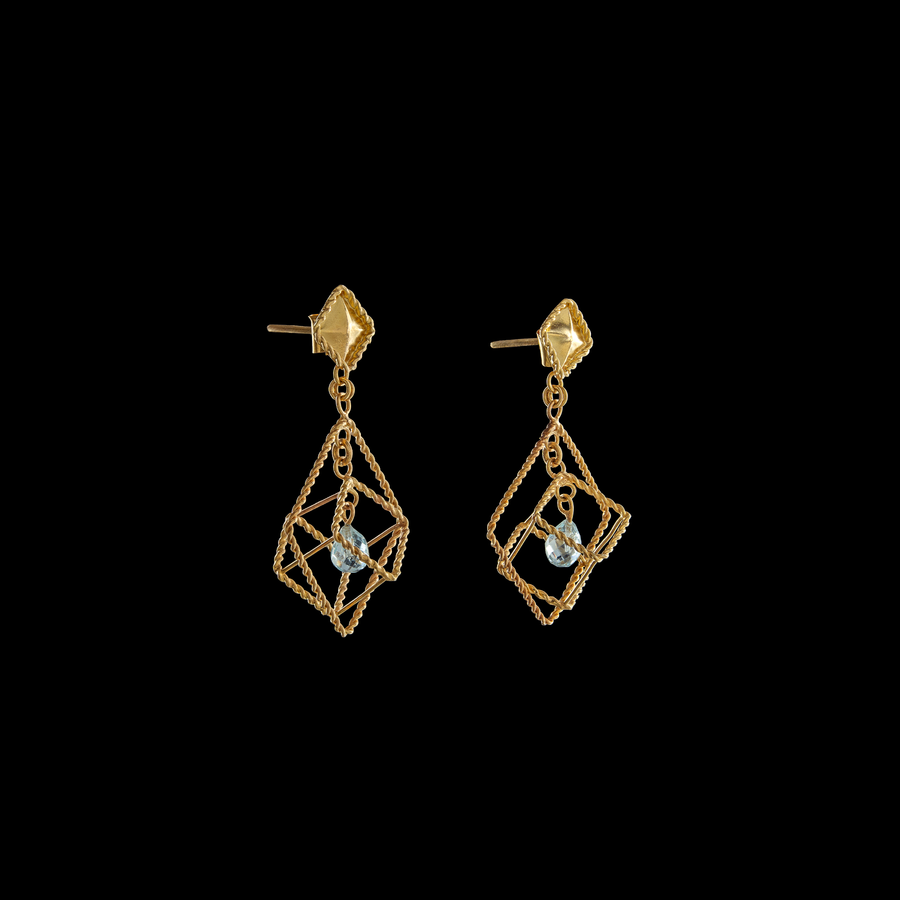 Serenity Blocks Earrings with aquamarine beads in geometric cube design, luxury jewelry by Zaman.