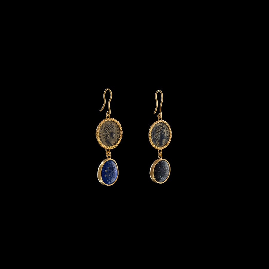 The Emperor Earrings featuring authentic ancient Roman coin and blue Roman glass, set in 21 karat gold.