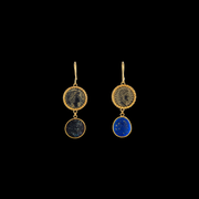 The Emperor Earrings featuring authentic ancient Roman coin and blue Roman glass, set in 21 karat gold.