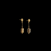 Dice of Destiny Earrings featuring ancient dice beads and 21 karat gold dice, combining history, luxury, and fate in a unique jewelry design