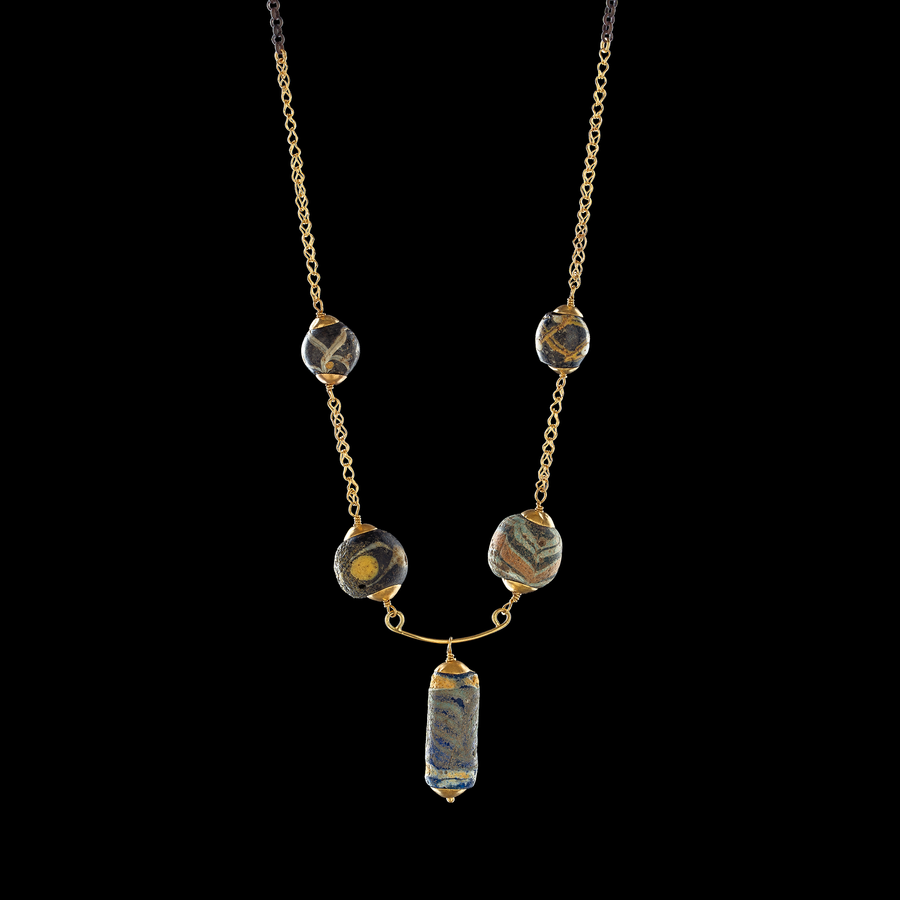 Luxury Phoenician glass bead necklace with gold and silver lock chain – handcrafted ancient jewelry