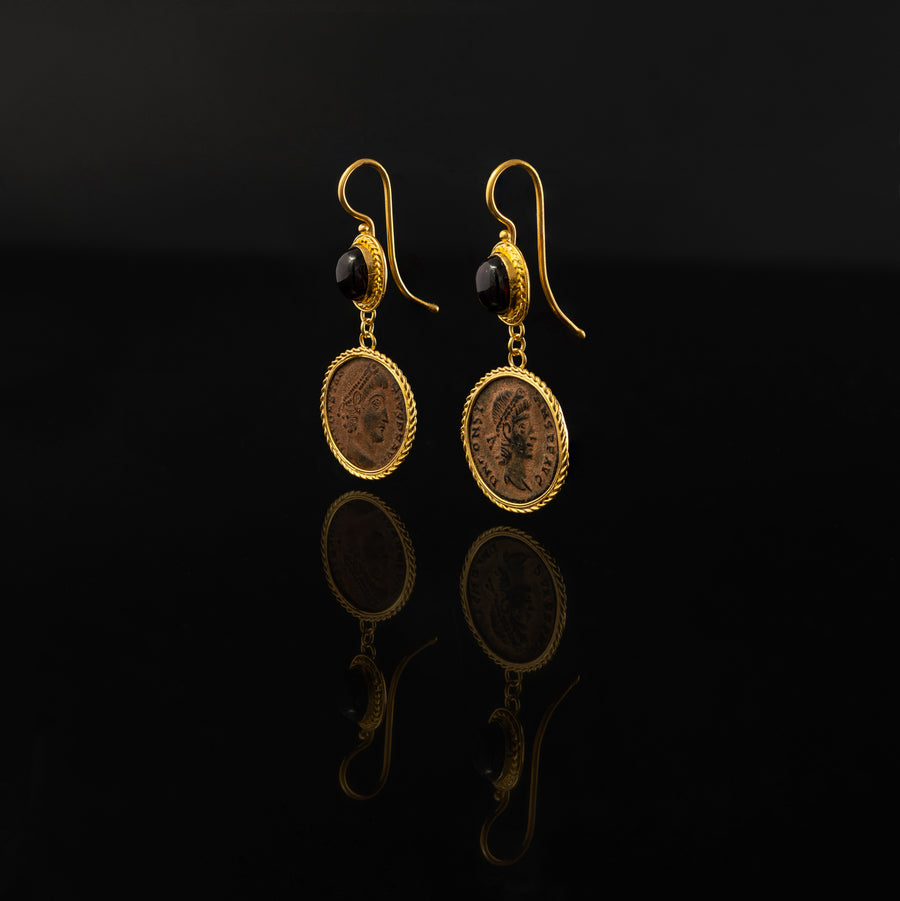 Red Garnet and bronze coin set with 21 karat gold jewelry design side view | ZAMAN HANDMADE JEWELRY