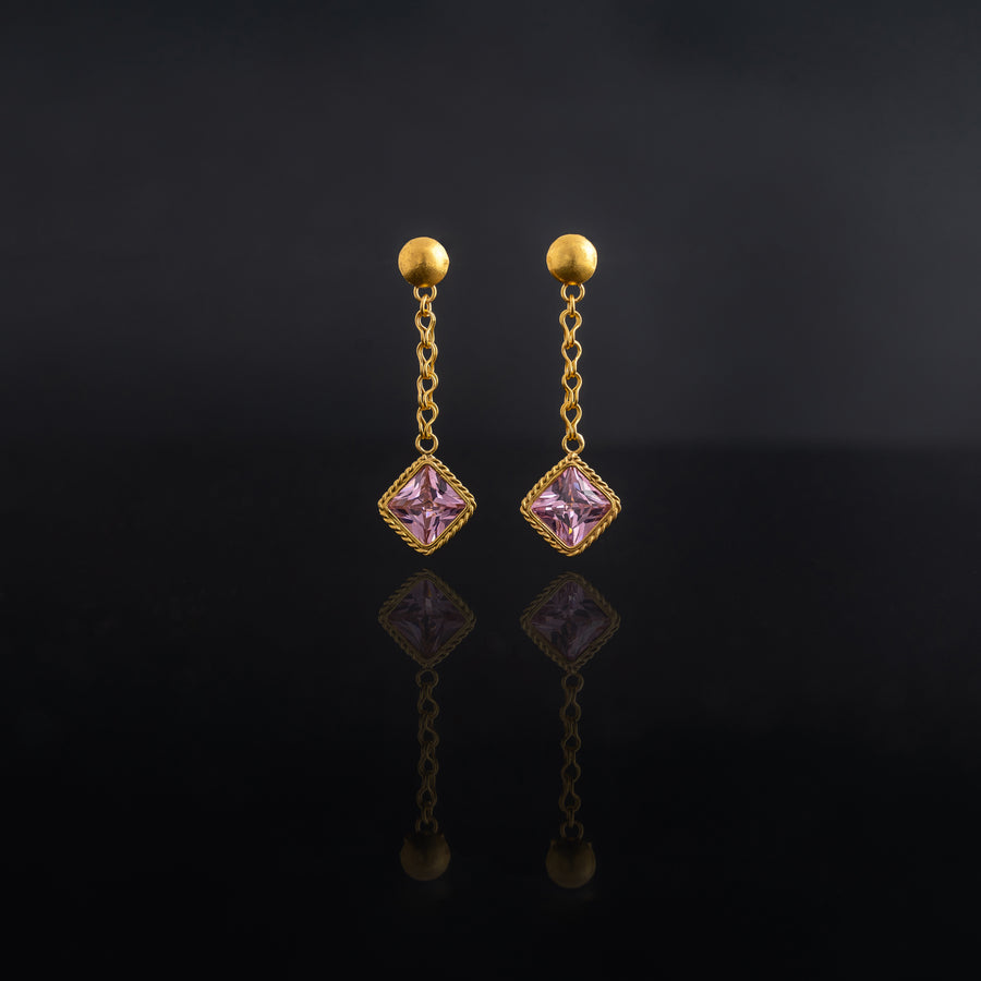 Pink Tourmaline earrings with 21 karat gold jewelry design front view | ZAMAN HANDMADE JEWELRY