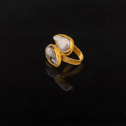 Black and White pearls set with 21 karat gold jewelry ring design side view | ZAMAN HANDMADE JEWELRY