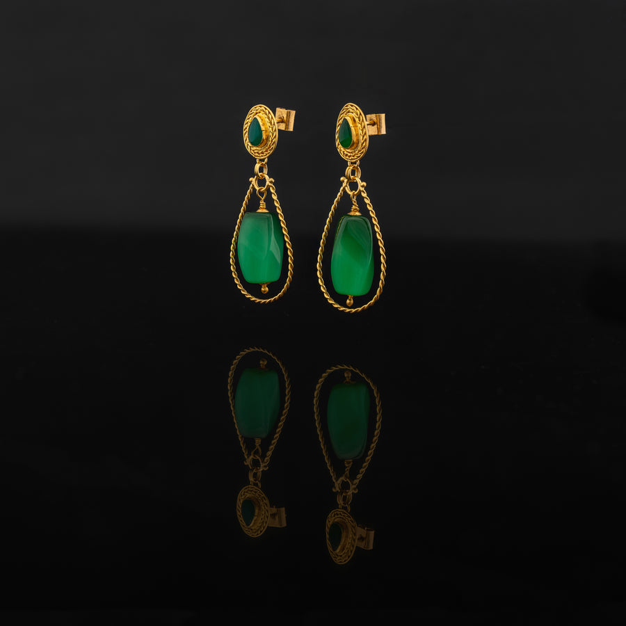 Green Agate and Jade stones set with 21 karat gold jewelry earrings design side view | ZAMAN HANDMADE JEWELRY