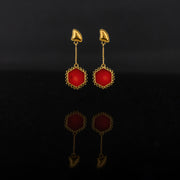 Red hexagon Coral set with 21 karat gold jewelry earrings design front view | ZAMAN HANDMADE JEWELRY