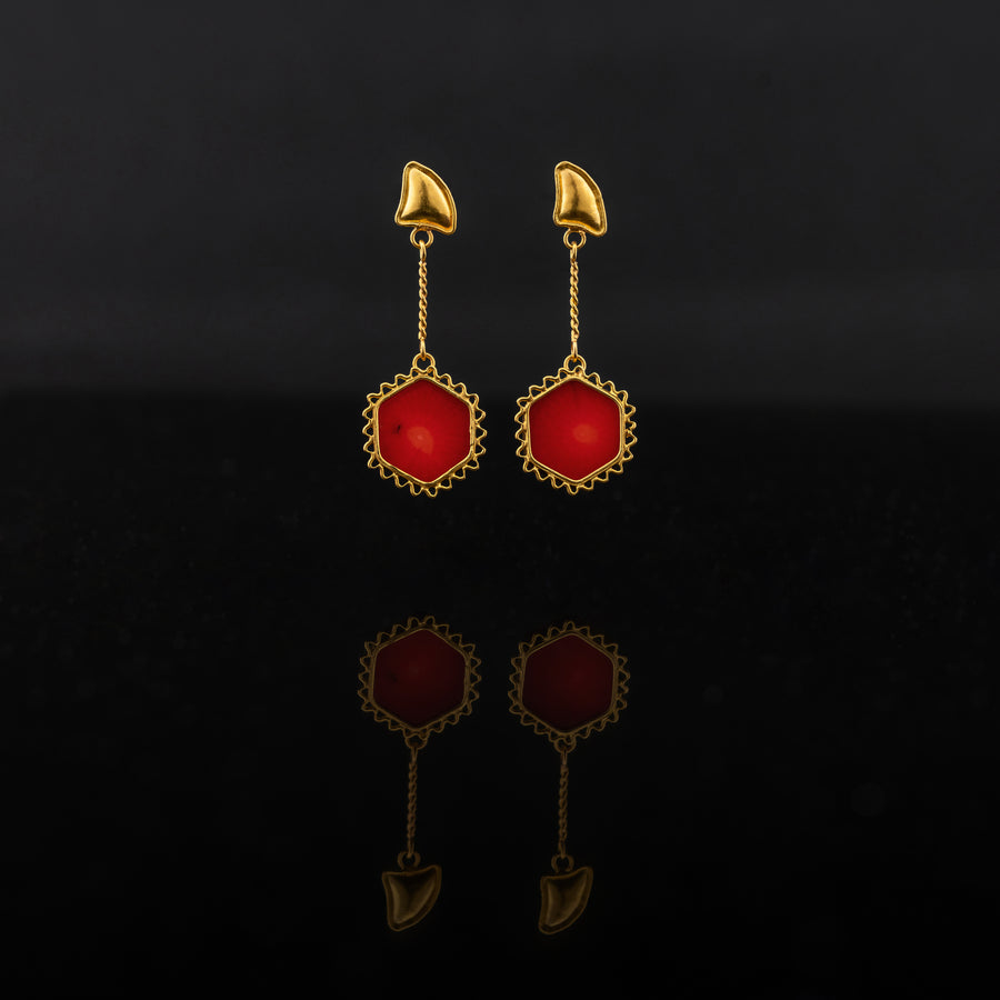 Red hexagon Coral set with 21 karat gold jewelry earrings design front view | ZAMAN HANDMADE JEWELRY