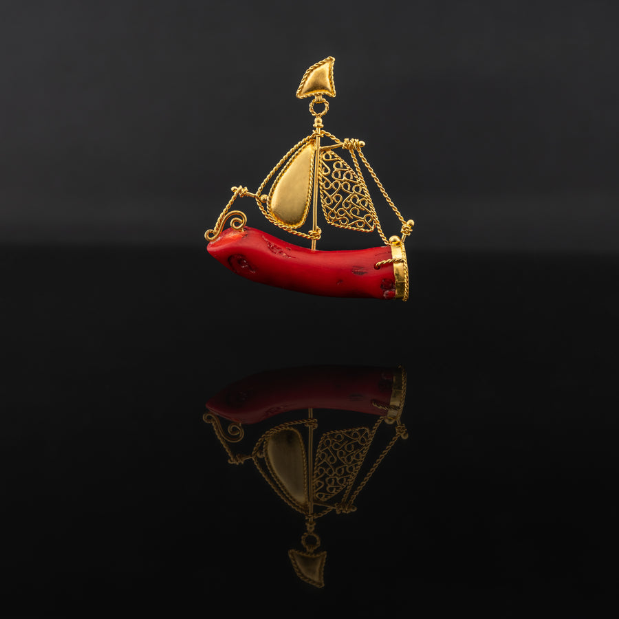 Red Coral stone set with 21 karat gold jewelry boat pendant design front view | ZAMAN HANDMADE JEWELRY