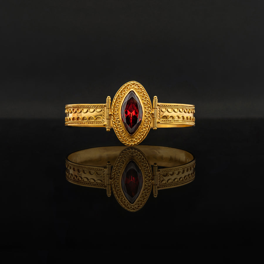 Red Garnet marquise stone set with 21 karat gold jewelry bracelet design front view | ZAMAN HANDMADE JEWELRY