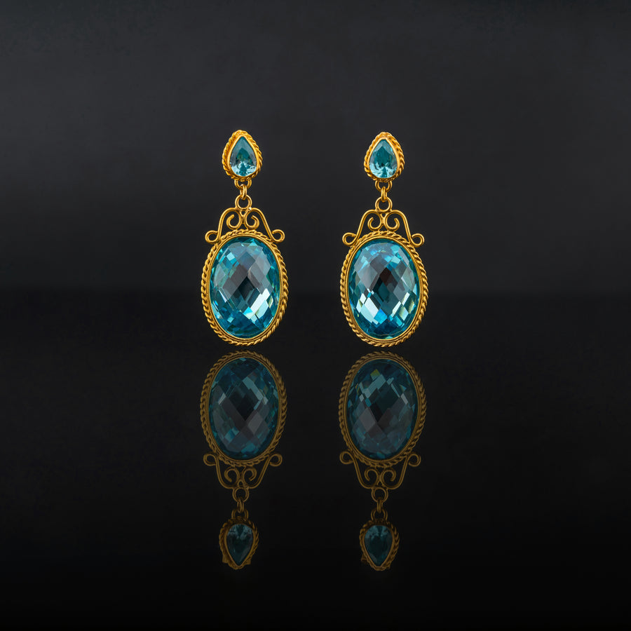 Blue Topaz stones set with 21 karat gold jewelry earrings design front view | ZAMAN HANDMADE JEWELRY