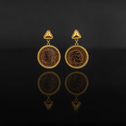 Bronze coins set with 21 karat gold jewelry earrings design front view | ZAMAN HANDMADE JEWELRY