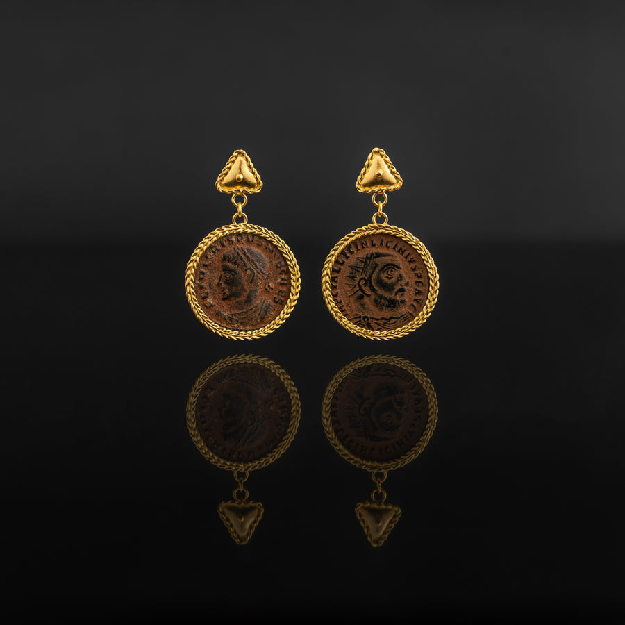 Bronze coins set with 21 karat gold jewelry earrings design front view | ZAMAN HANDMADE JEWELRY