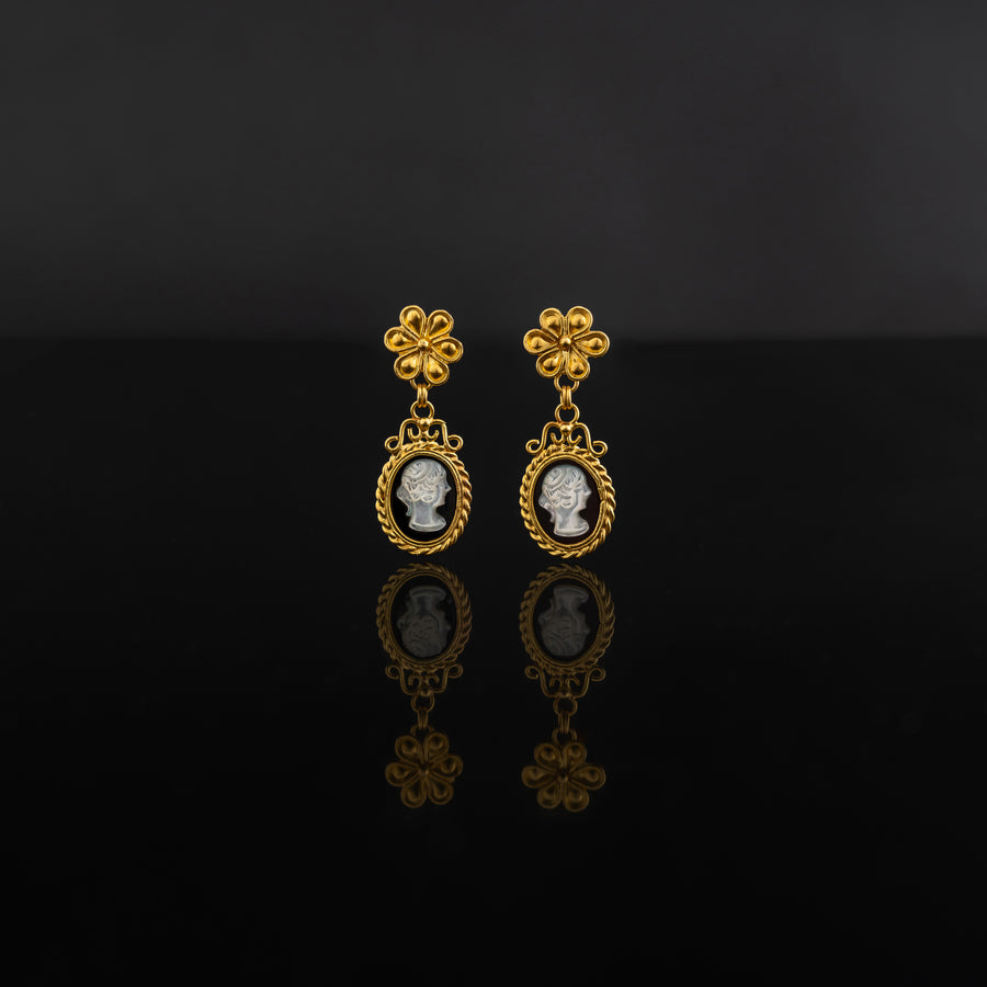 Cameo Agate stone set with 21 karat gold jewelry earrings design front view | ZAMAN HANDMADE JEWELRY