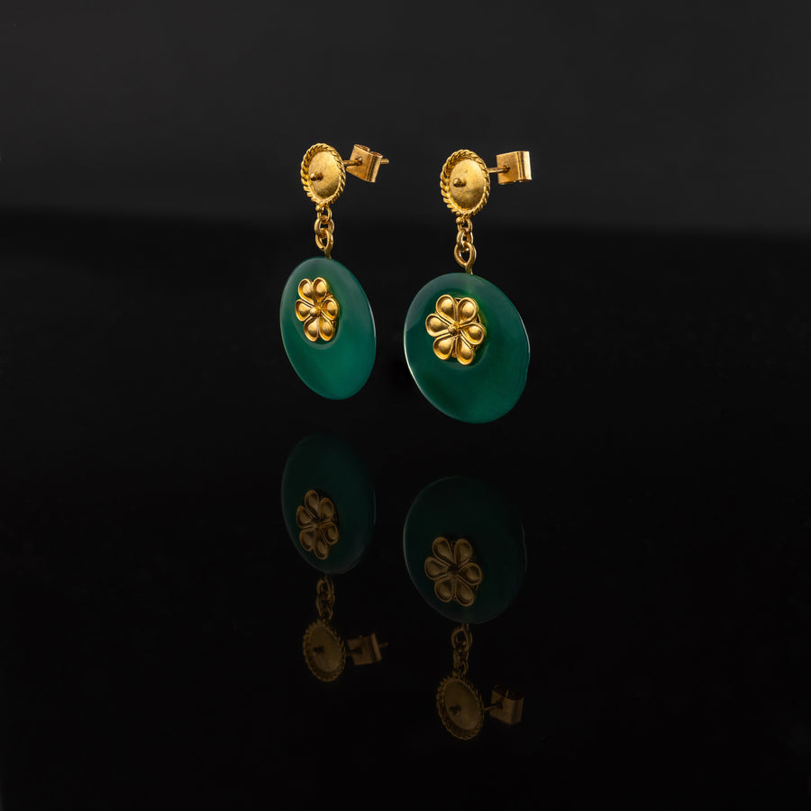 Green Agate earrings with 21 karat gold jewelry design flower side view | ZAMAN HANDMADE JEWELRY