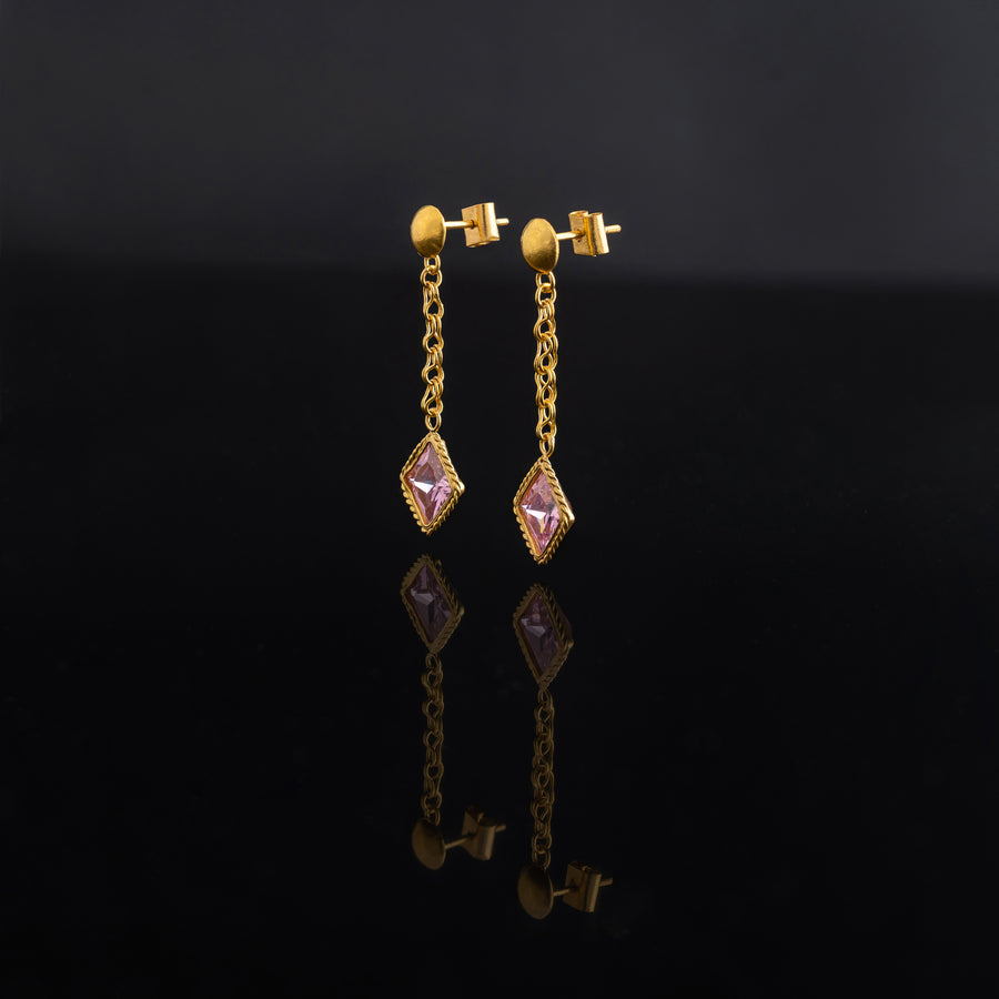 Pink Tourmaline earrings with 21 karat gold jewelry design side view | ZAMAN HANDMADE JEWELRY