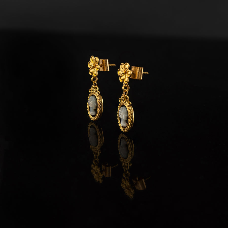 Cameo Agate stone set with 21 karat gold jewelry earrings design side view | ZAMAN HANDMADE JEWELRY