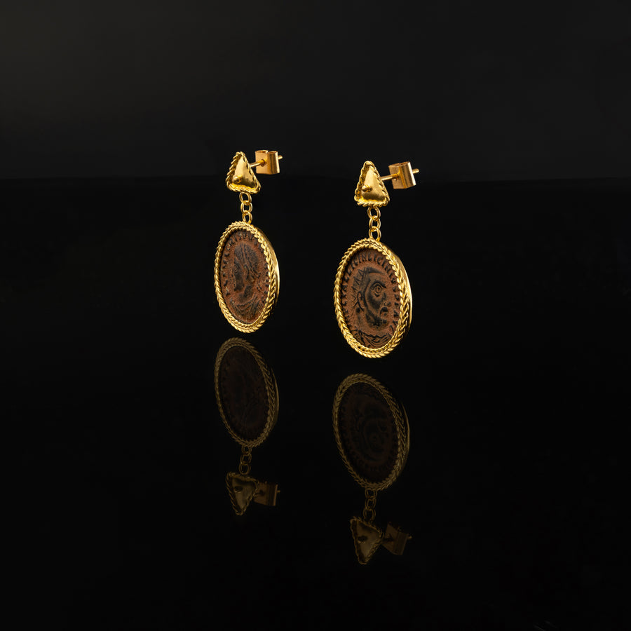 Bronze coins set with 21 karat gold jewelry earrings design side view | ZAMAN HANDMADE JEWELRY