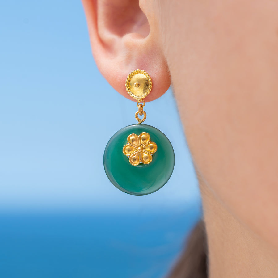 Green Agate earrings with 21 karat gold jewelry design flower | ZAMAN HANDMADE JEWELRY