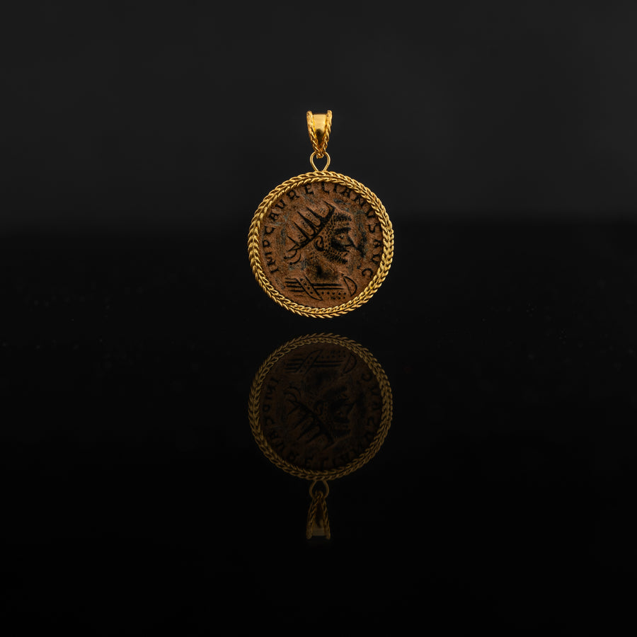 Bronze coin set with 21 karat gold jewelry pendant design front view | ZAMAN HANDMADE JEWELRY