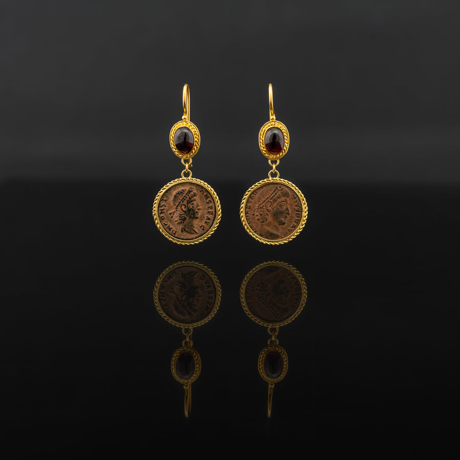 Red Garnet and bronze coin set with 21 karat gold jewelry design front view | ZAMAN HANDMADE JEWELRY