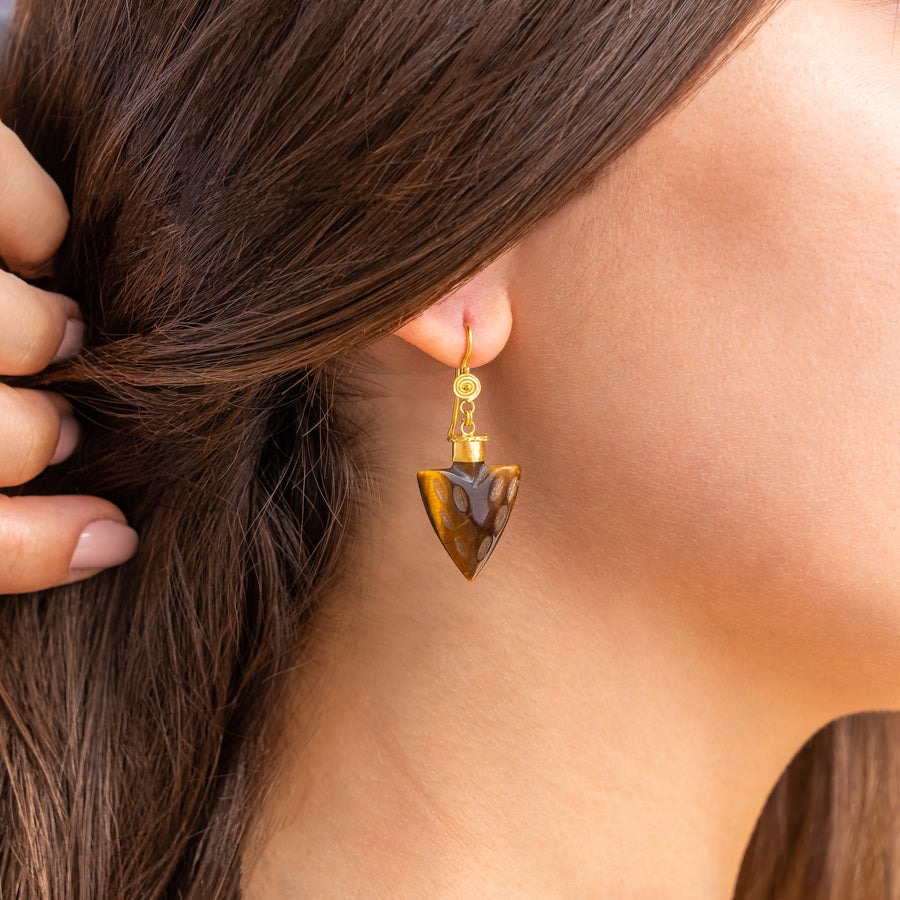 Tiger's Eye stone earrings with 21 karat gold jewelry design | ZAMAN HANDMADE JEWELRY