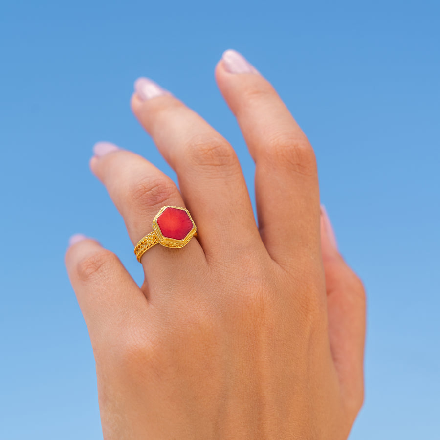 Red hexagon Coral set with 21 karat gold jewelry ring design | ZAMAN HANDMADE JEWELRY